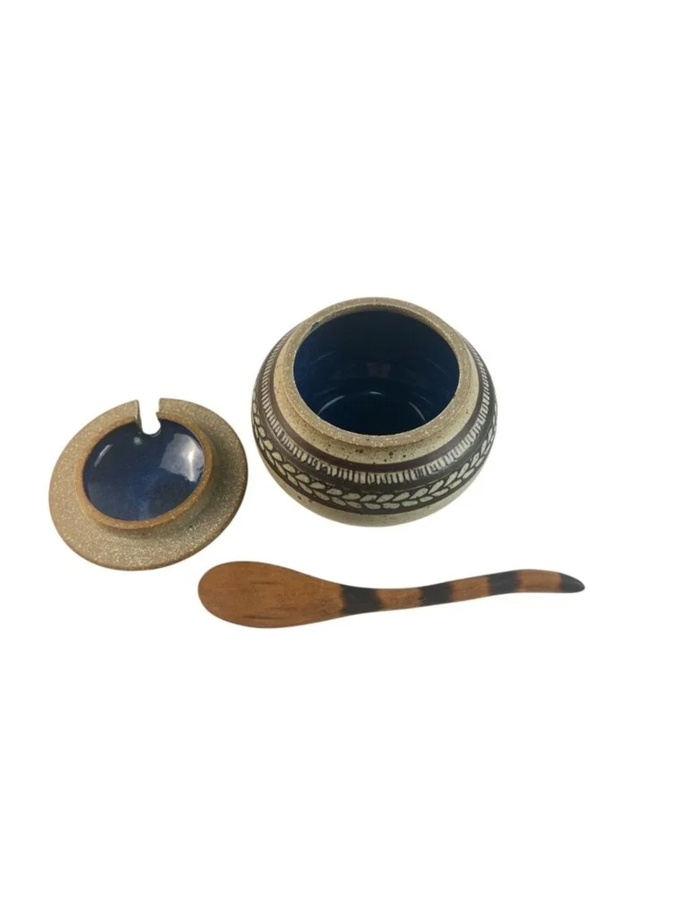 Vintage Studio Pottery Honey Pot, Brown Speckled Stoneware & Cobalt Blue Interio